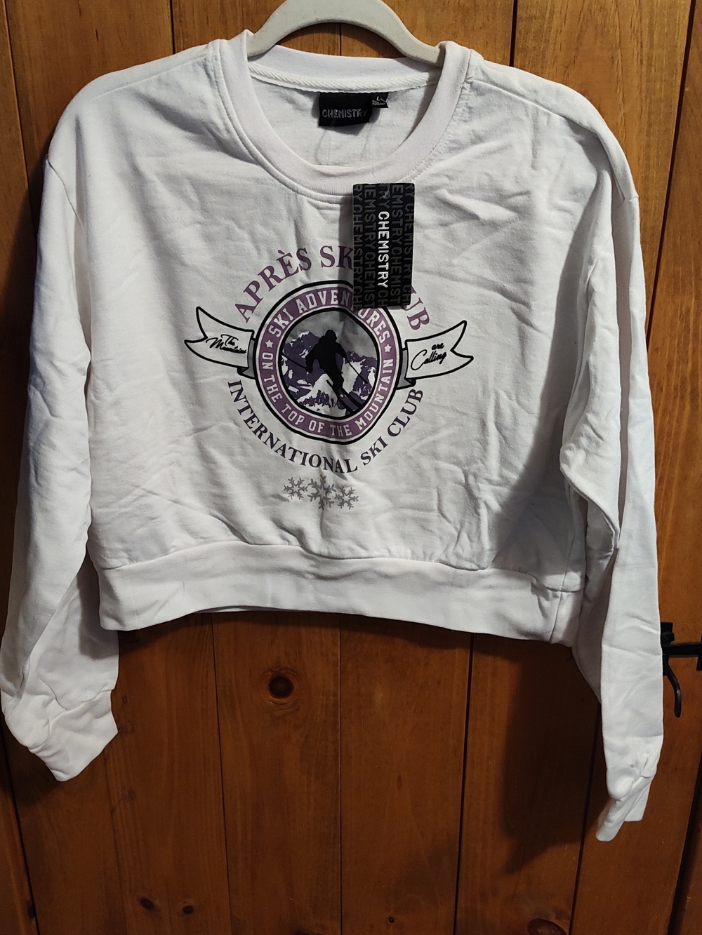 Chemistry White Cropped Sweatshirt with Purple Ski Club Graphic